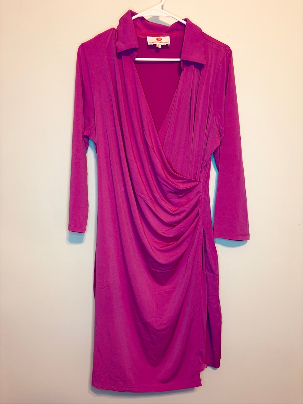 Draped Surplice Long-Sleeve Dress in Fuchsia - Samantha Brown